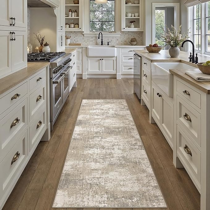 Runner Rug 2x6 Beige Machine Washable Modern Abstract Hallway Carpet Non Slip Neutral Long Carpet Low Pile Soft Non Shedding Contemporary Rug for Bathroom Laundry Kitchen Bedroom