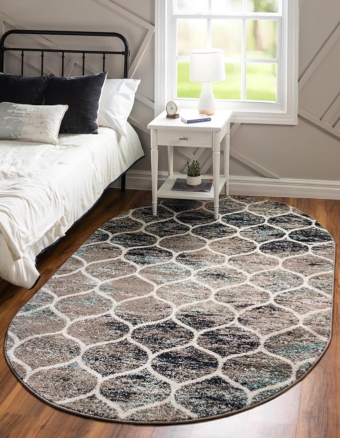 Rugs.com Lattice Frieze Collection Rug – 4' x 6' Oval Blue Multi Medium Rug Perfect for Living Rooms, Large Dining Rooms, Open Floorplans