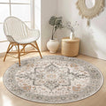 GENIMO 8FT Round Area Rugs for Living Room, Circle Rugs Machine Washable Low Pile, Chenille Non Slip Vintage Rug for Bedroom, Dining Room, Home Office, Light Taupe Brown