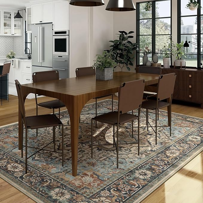 5x7 Machine Washable Area Rug for Living Room, Blue Beige Boho Vintage Floral Rug Large Non-Slip Low Pile Soft Faux Wool Carpet, Kids and Pets Friendly for Bedroom Dining Room Farmhouse Decor Rug