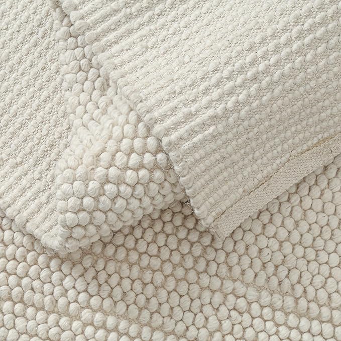 Handwoven Wool Cotton Blend Area Rug 6x9', Textured Popcorn Braided Ivory Rug, Soft Thick Farmhouse Contemporary Living Room Carpet, Neutral Modern Decorative Floor Rug