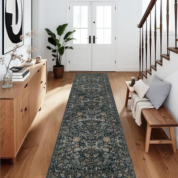 Washable Runner Rug 2x10: Vintage Boho Floral Carpet Runners for Hallway Entryway Non-Slip - Soft Botanical Low Pile Thin Mat for Kitchen Bathroom Bedroom Laundry Floor Decor - Dark Green