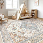 7x9 Area Rug Living Room: Washable Boho Large Neutral Vintage Soft Rug Stain Resistant Distressed Farmhouse Non-Slip Indoor Floor Carpet for Bedroom Nursery Kids Office Dining Room- Beige Blue