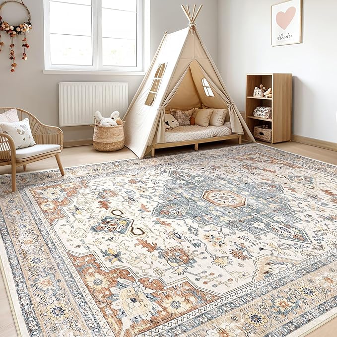6x8 Area Rug Living Room: Washable Boho Large Neutral Vintage Soft Rugs Stain Resistant Distressed Farmhouse Non-Slip Indoor Floor Carpet for Bedroom Nursery Kids Office Dining Room- Beige Blue