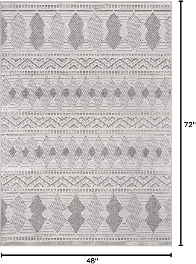 CAMILSON Micro Loop Rug 4x6 Modern Luxury Geometric Boho Diamond Area Rugs Soft High and Low Pile Stain Resistant Easy-Cleaning Non-Shedding for Living Room Office Indoor Carpet (4 x 6 / White - Gray)
