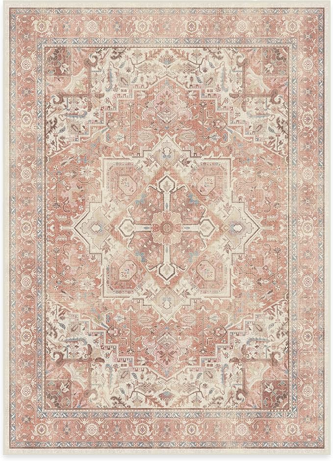 RUGGABLE Washable Area Rug – Kamran Rose Pink 5x7, Stain-Resistant, Non-Slip – Medium Machine Washable Rugs for Living Room, Bedroom, Hallway, Entryway & Office–with Standard Pad