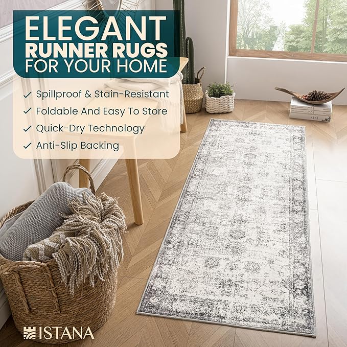 Istana Hallway Runner Rug 2x6 - White Cream/Grey Kitchen Rugs Non Slip Washable -Silk's Soft Touch Carpet Runner - Stylish Rug for Home