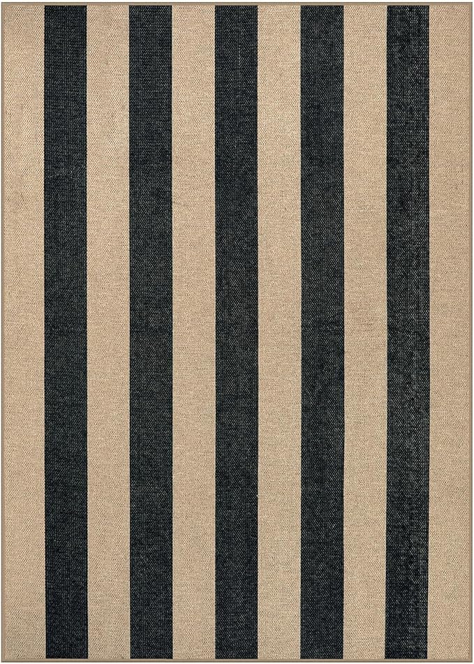 Lahome Striped Easy Jute Outdoor Rug 5x7, Large Neutral Dining Living Room Rug, Farmhouse Non Slip Non Shedding Washable Indoor Outdoor Black Carpet for Office Deck Patio Backyard Bedroom