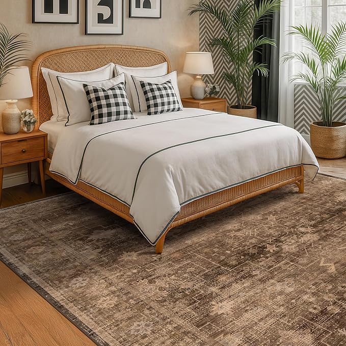Boho Brown Living Room Rug 6x8 - Modern Vintage Traditional Oriental Taupe Neutral, Washable Low Pile Non-Slip Extra Large Area Rugs for Dining Under Table Bedroom Lounge