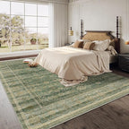 HelloTree Washable Rugs 9x12 Area Rug for Living Room, Vintage Boho Green Rug Non Slip Carpet Retro Accent Indoor Mat Print Distressed Low Pile Throw Large Rug for Office Dining Room Bedside-Green