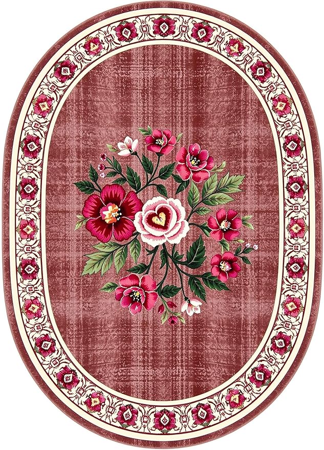 Retro Country Distressed Burgundy Green Florals Texture Bordered Rugs 5x8 for Living Room Bedroom Dining Room Soft Washable Non Skid Area Rug Guestroom Kitchen Doormats Rustic Indoor Oval Carpet