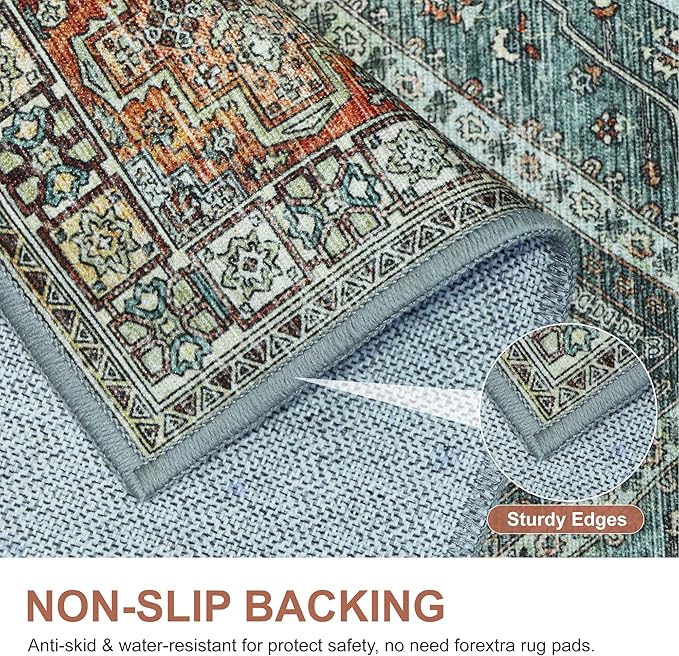 Bavni Runner Rug 2x12 Kitchen Rugs for Hallways Entryway, Washable Vintage Print Carpet, Ultra-Thin Chenille Low Pile Lightweight Rug with Non Slip Backing, Light Red/Blue