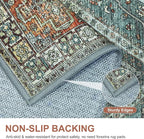 Bavni Runner Rug 2x12 Kitchen Rugs for Hallways Entryway, Washable Vintage Print Carpet, Ultra-Thin Chenille Low Pile Lightweight Rug with Non Slip Backing, Light Red/Blue