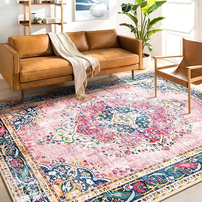 Area Rug 6x9 for Living Room Pink Boho Rug Vintage Rug Non-Slip Washable Low Pile Foldable Large Rugs for Bedroom Dining Room Indoor Floor Carpet