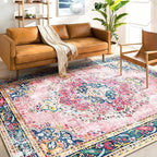 Area Rug 6x9 for Living Room Pink Boho Rug Vintage Rug Non-Slip Washable Low Pile Foldable Large Rugs for Bedroom Dining Room Indoor Floor Carpet