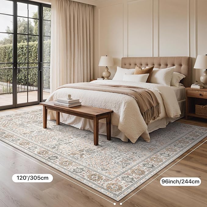Bavni Washable Rugs 8x10-Machine Washable Rug Lightweight Low Pile, Vintage Floral Rug Non-Shedding Distressed Throw Carpet for Living Room Bedroom Office, Beige Gery