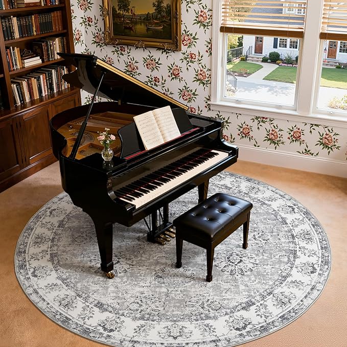 jinchan Fiora Round Rug 8ft Area Rugs - Vintage Floral Distressed Design Machine Washable Non-Slip Low-Pile Ultra-Thin Circle Rug for Living Room Dining Room Bedroom Farmhouse (8' Round, Grey)