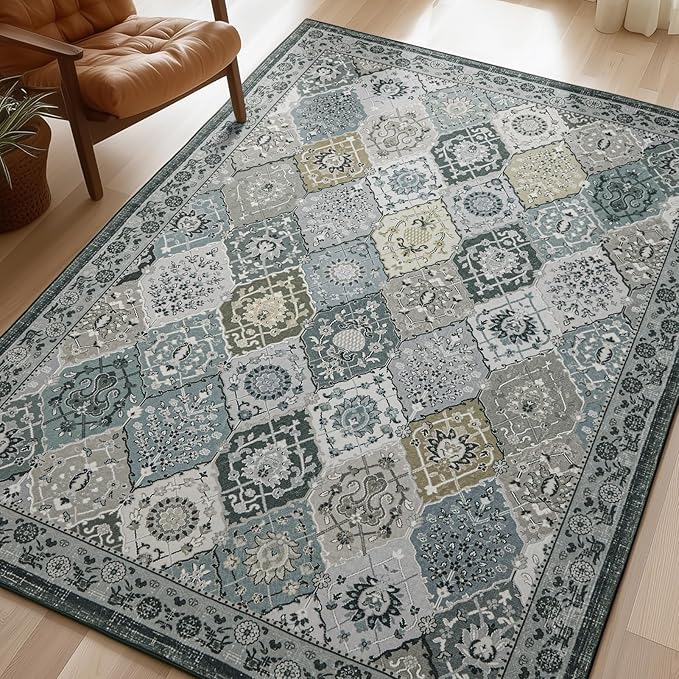 Phantoscope Washable Area Rug 9'x12' Non-Slip, Vintage Boho Rugs for Living Room, Bedroom, Dining Room, Distressed Moroccan Mosaic Diamond Pattern, Low-Pile Foldable Floor Carpet, Grey Charcoal