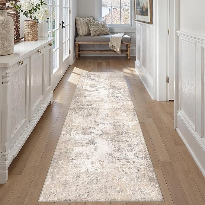 2x8 Washable Runner Rug Beige Grey Abstract Hallway Kitchen Throw Rug Neutral Modern Non Slip Soft Low Pile Carpet for Bathroom Laundry Bedroom Living Room