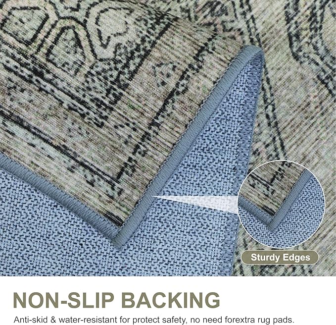 Bavni Washable Rug 3x5 Area Rug for Living Room Bedroom Dining, Washable Vintage Print Carpet, Ultra-Thin Chenille Low Pile Lightweight Rug with Non Slip Backing, Tan