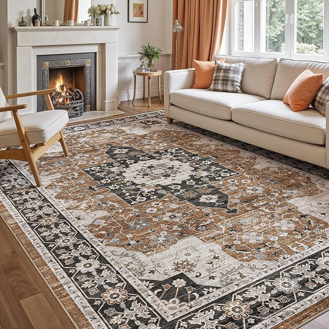 DEXI 9x12 Area Rug for Living Room, Washable Vintage Farmhouse Thin Rug Indoor Floor, Non Slip Stain Resistant Low Pile Carpet for Dining Room Bedroom Office, Brown