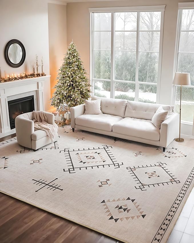ILANGO Area Rug 9'x12' for Living Room Bedroom Washable Moroccan Boho Rugs for High Traffic Area Non Slip & Non-Shedding Rugs Fade Resistant Carpet for Kitchen Office (Beige)