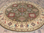 Taupe Brown Special Kazak with All Over Pattern Natural Dyes Organic Wool Hand Knotted Round Oriental Rug (9'x9')