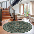 6ft Round Area Rugs for Living Room, Washable Floral Circle Rug Non Slip Low Pile, Vintage Boho Botanical Birds Throw Carpet for Farmhouse, Bedroom, Dining Room, Retro Green/Blue