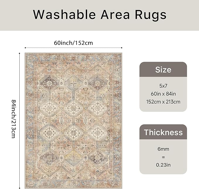 Bavni Clearance 5x7 Area Rugs for Living Room, Machine Washable Rug Non Slip, Vintage Chenille Distressed Print Carpet, Large Low Pile Ultra-Thin Lightweight Rugs for Bedroom, Dining Room, Wood Brown