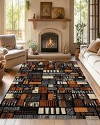 African Style Brown Orange Area Rug for Living Room, Non-Slip Backing Low Pile Modern Abstract Rug for Indoor Use, 5x7 Washable Carpet