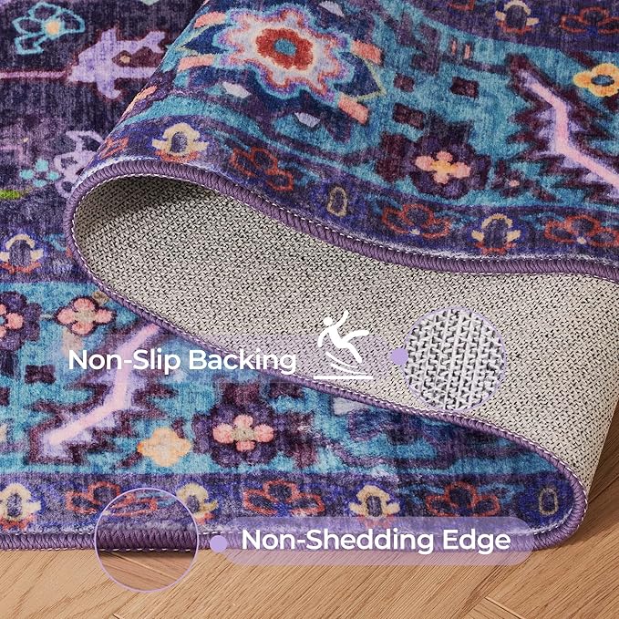 Kokia 8x10 Washable Area Rugs Violet Purple with Vintage Orient Design Soft Rug for Living Room or Bedroom Non-Slip Low Pile Stain Resistance Features Distressed Medallion Pattern