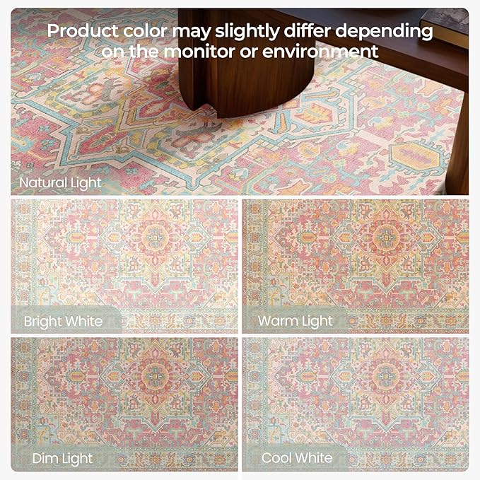Kokia 8x10 Washable Area Rugs Blossom Pink with Vintage Orient Design Soft Rug for Living Room or Bedroom Non-Slip Low Pile Stain Resistance Features Distressed Medallion Pattern