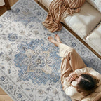 jinchan Area Rug 5x7 Vintage Washable Bedroom Rug Floral Medallion Lightweight Non Slip Thin Retro Classic Soft Boho Floor Cover Farmhouse Carpet for Living Room Dining Room Kitchen Blue