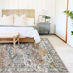 Area Rug 8x10 Washable Rug Taupe Vintage Traditional Mat Distressed Indoor Foldable Thin Retro Accent Rug Floral Print Non Slip Carpet Living Room Dining Room Office