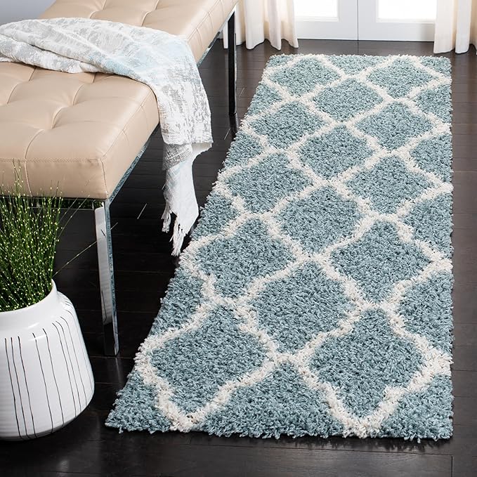 SAFAVIEH Dallas Shag Collection Runner Rug - 2'3" x 12', Seafoam & Ivory, Trellis Design, Non-Shedding & Easy Care, 1.5-inch Thick Ideal for High Traffic Areas in Living Room, Bedroom (SGD257C)