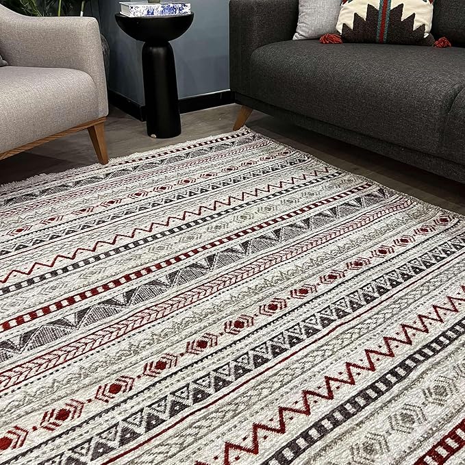Alfa Rich 4x6 Red Burgundy White Gray Washable Area Rugs for Living Room Bedroom Kitchen Cotton Rug