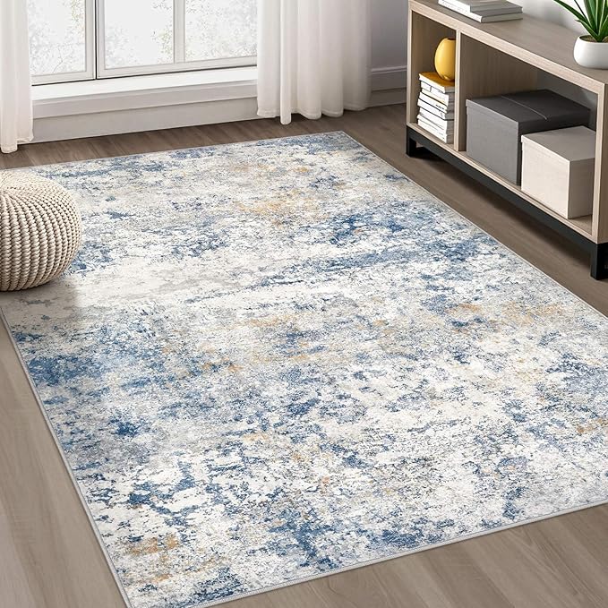 Area Rug Living Room Rugs - 10x14 Abstract Large Soft Indoor Washable Rug Neutral Modern Low Pile Carpet for Bedroom Dining Room Farmhouse Home Office - Blue