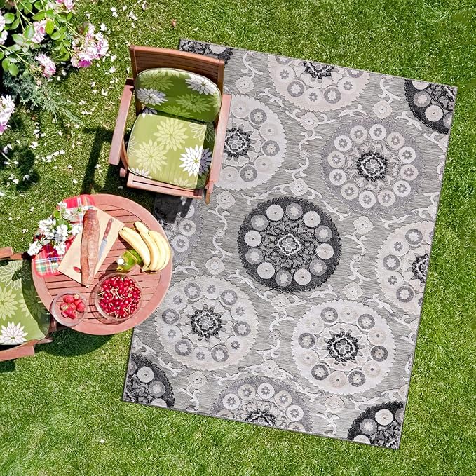 CAMILSON Indoor Outdoor Rug 8x10 Bohemian Medallion Floral Area Rugs for Indoor and Outdoor Patios Easy-Cleaning Non-Shedding Living Room Garden and Kitchen Washable Outside Carpet (8 x 10 / Gray)