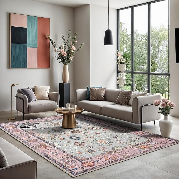GLN Rugs Traditional Collection - Machine Washable Area Rug, Traditional Washable, Non Slip, Low Pile Chenille Rug, Living Room, Bedroom, Kitchen Rug (6' x 9' Pink/Blue/Multicolor)