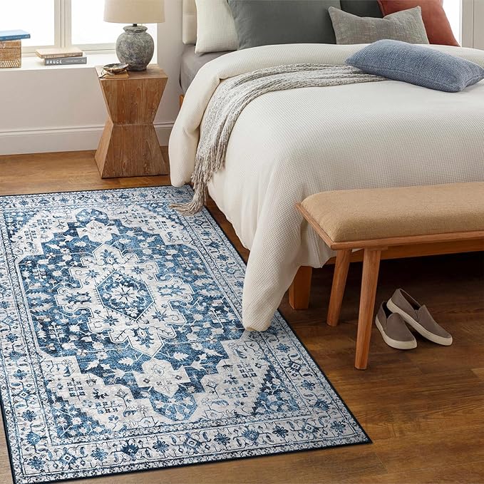 Moynesa Ultra-Thin Washable Vintage Area Rug - 4x6 Living Room Rug for Bedroom Office, Low Pile Non Slip Oriental Laundry Bathroom Mat Indoor Floor Carpet for Entrance Kitchen Mudroom