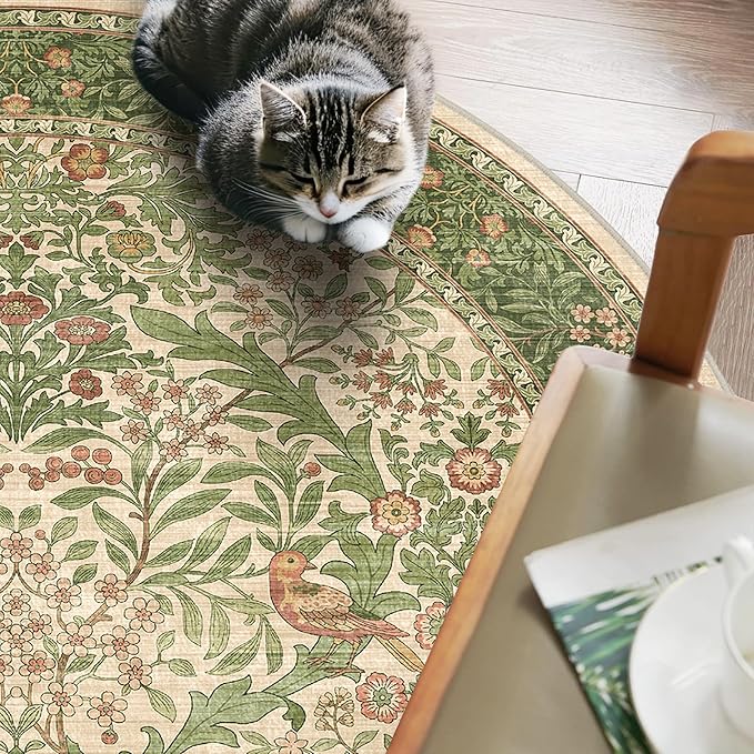 4ft Round Area Rugs for Living Room, Washable Floral Circle Rug Non Slip Low Pile, Vintage Boho Botanical Birds Throw Carpet for Farmhouse, Bedroom, Dining Room, Retro Pink/Green