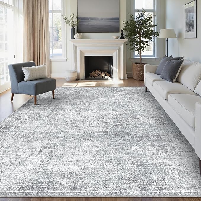 9x12 Area Rug Washable Vintage Living Room Carpet Large Indoor Non Slip Grey Bedroom Distressed Low Pile Retro Accent Throw Rug for Dining Room