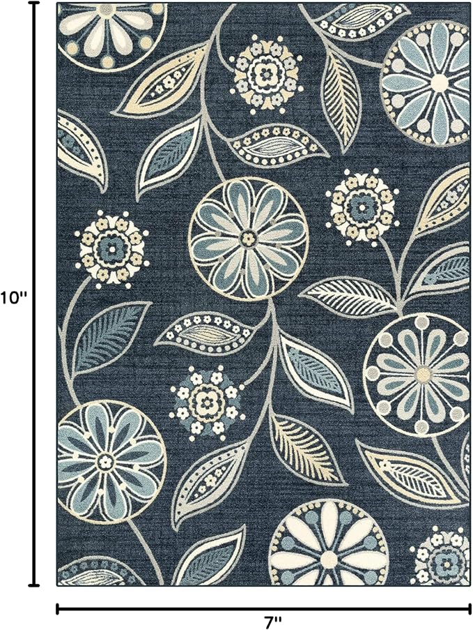 Maples Rugs Reggie Floral Area Rug - Made in USA - Low Pile, Non Slip, Pet-Friendly Mat for Living Room, Bedroom, and Office, 7' x 10', Persian Blue