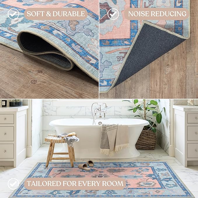 Fame Living Modern Oushak Rug, Vintage, Turkish, Eclectic, Floral, Pastel, Washable, Extra Large Area Rugs for Living Room, Dining, Bedroom, Lounge, 9'x12'