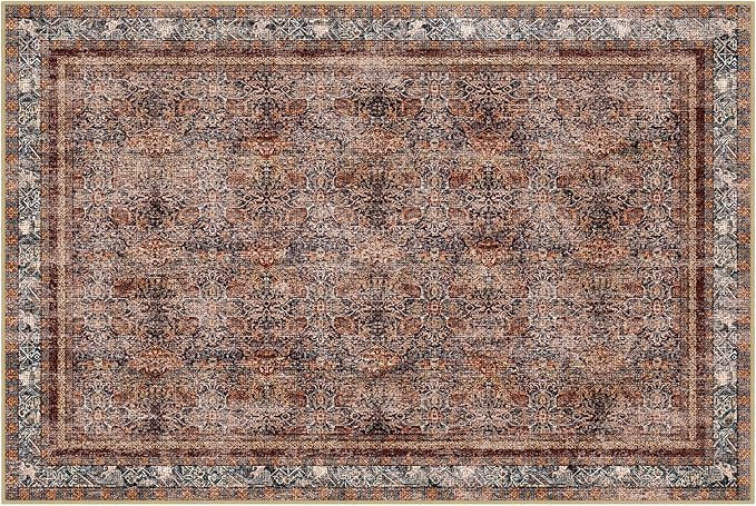 Phantoscope Washable Area Rug 8'x10' Non-Slip, Vintage Neutral Xmas Rugs for Living Room, Bedroom, Dining Room, Distressed Boho Floral Medallion Pattern, Low-Pile Foldable Carpet, Brick Red/Black