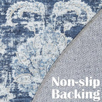 jinchan Fiora Round Rug 6ft Area Rugs Vintage Floral Distressed Design - Machine Washable Non-Slip Low-Pile Ultra-Thin Circle Rug for Entryway Bedside Living Room Bedroom (6' Round, Dark Blue)