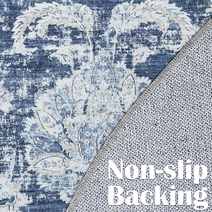 jinchan Fiora Round Rug 5ft Area Rugs Vintage Floral Distressed Design - Machine Washable Non-Slip Low-Pile Ultra-Thin Circle Rug for Entryway Bedside Living Room Bedroom (5' Round, Dark Blue)