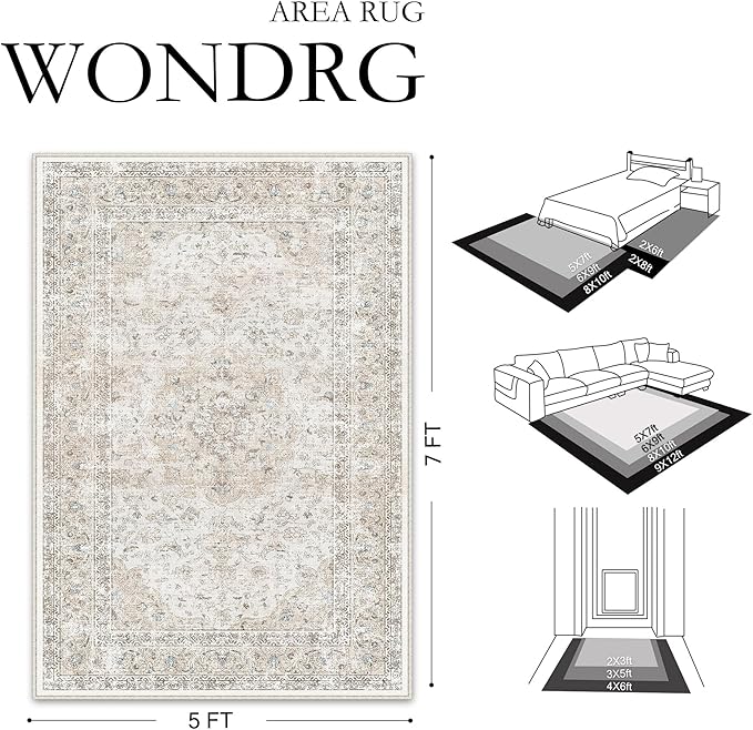 2x3 Washable Vintage Area Rug for Living Room Bedroom Beige Grey Soft Tranditional Non Slip Thin Throw Rug Lightweight Floral Low Pile Distressed Doormat Entrance Dining Laundry Room Kitchen