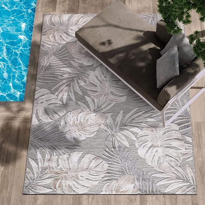 CAMILSON Indoor Outdoor Rug, Beige 9’x12’ Leaf Tropical Botanical Area Rugs for Indoor and Outdoor patios, Easy-Cleaning Non-Shedding Living Room, Garden and Kitchen Washable Outside Carpet (9x12)
