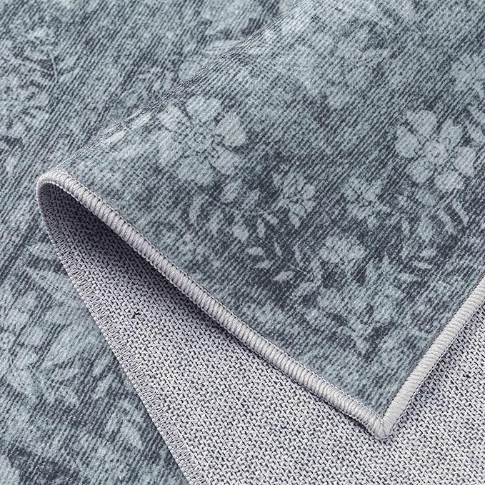 8x10 Area Rug Gray Washable Vintage Distressed Living Room Carpet Large Bedroom Indoor Medallion Floral Non Slip Retro Throw Floor Mat for Office Dining Room Kitchen Bathroom